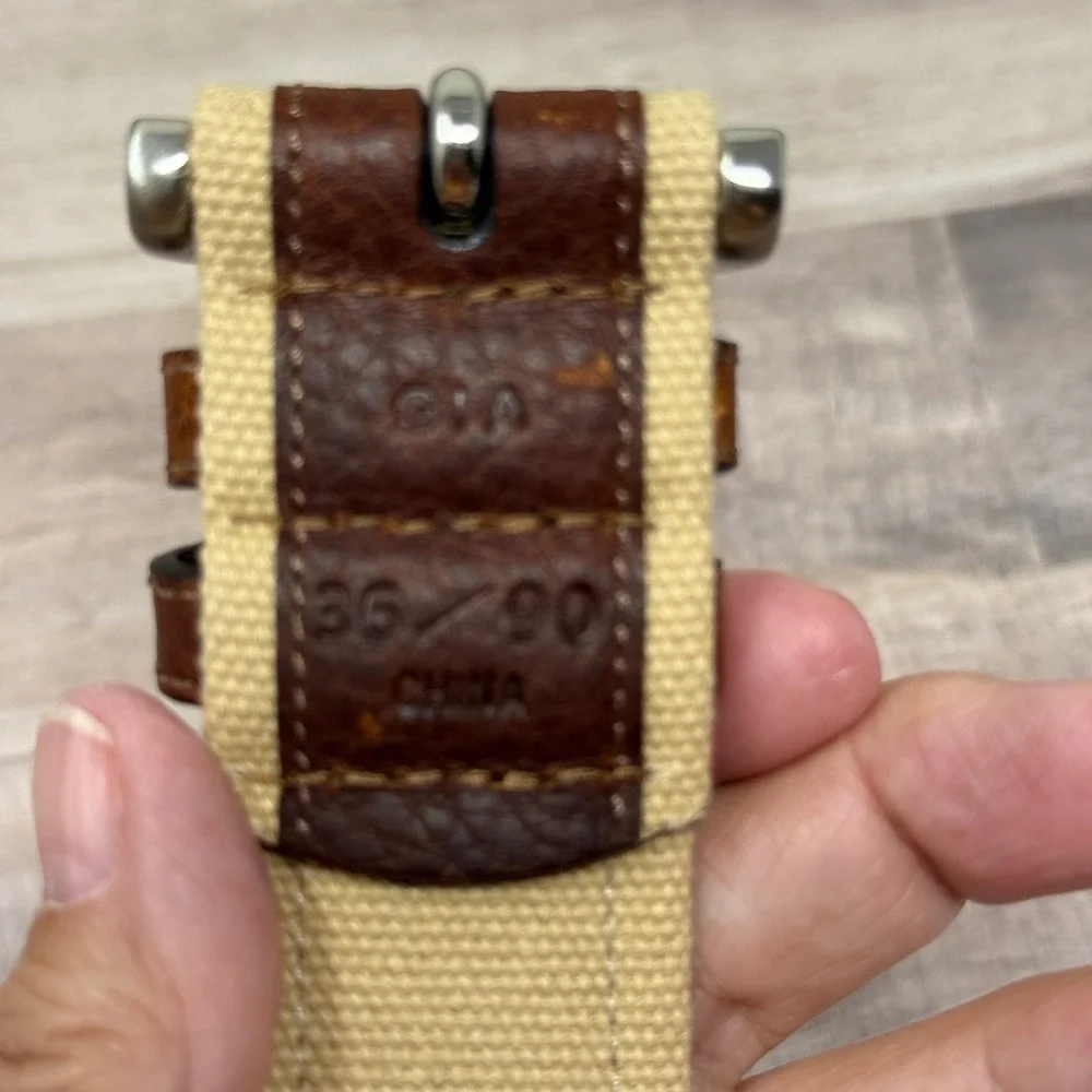 Belt Mens 36 Tan Brown Leather Inlay Canvas Silver Buckle Nautica Preppy Sailing